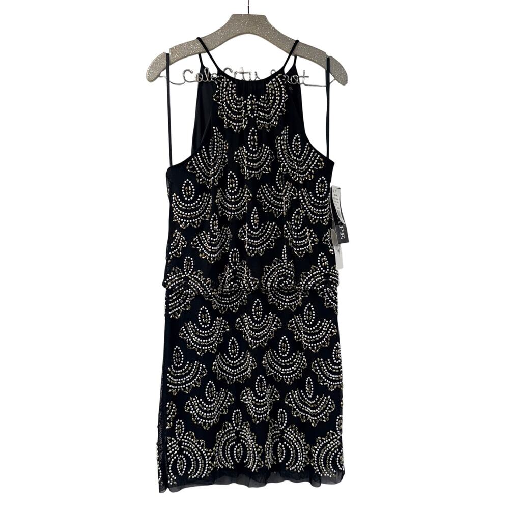 XSCAPE Beaded Dress LBD Black Gold White 14 Party Cocktail HOCO Vintage